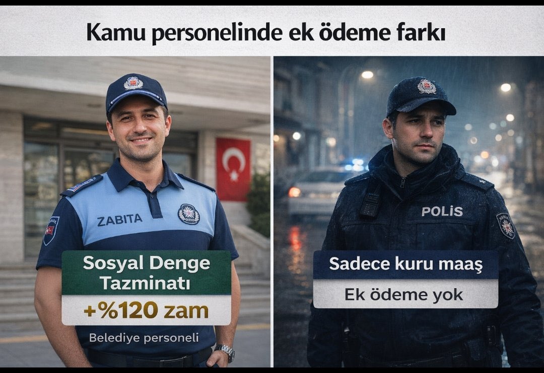 Zabıtaların sosyal denge tazminatı tek kararla %120 artırılabilirken,
7/24 görev yapan Polis için benzer bir ek ödeme mekanizması bulunmamaktadır.
Aynı kamu hizmeti içinde oluşan bu fark, ücret politikalarının yeniden ele alınmasını zorunlu kılmaktadır.

#POLİS