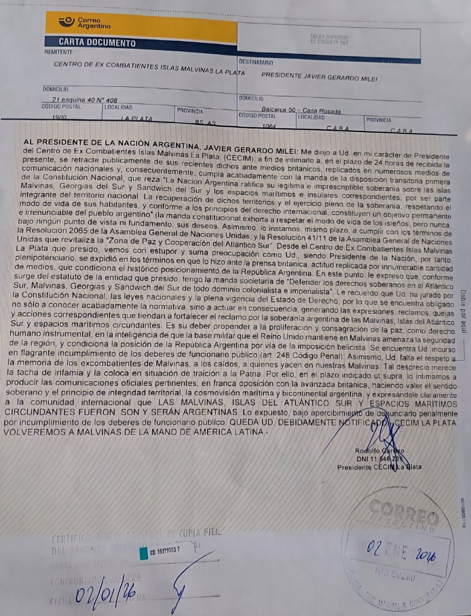 ⭕️ | AHORA: Luego de su entrevista con la BBC, EL CENTRO DE EX COMBATIENTES ISLAS MALVINAS INTERPELÓ A JAVIER MILEI POR TRAICIÓN A LA PATRIA.

‼️ El presidente dijo que las Malvinas serán argentinas cuando los isleños “lo deseen”. LE DIERON 24 HORAS PARA RETRACTARSE EN PÚBLICO.