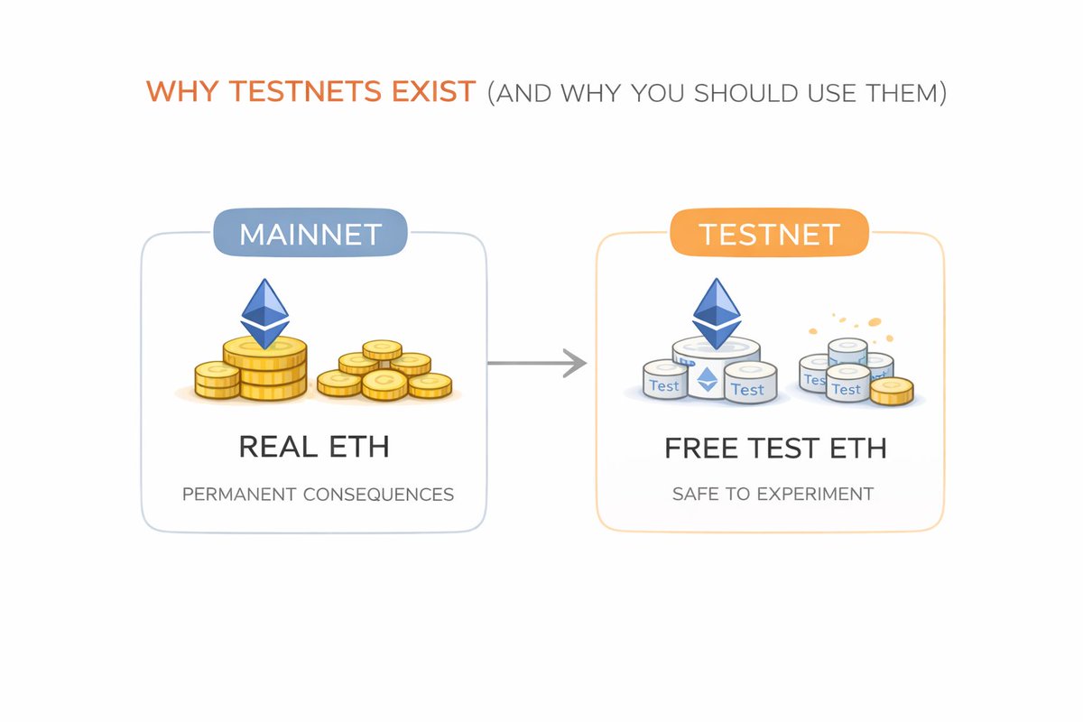 AyuShettyEth's tweet image. 🧵 Day 19 of #30DaysOfWeb3
Before real money ever touches Ethereum, there’s a whole world people ignore.

Testnets.

Testnets are copies of Ethereum that behave like the real thing: same rules, same mechanics but except the money isn’t real. You get free test ETH, you can mess up