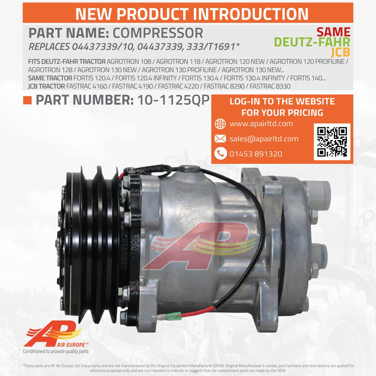 APAIRLtd's tweet image. 📦💨Fast from the start!
It might only be Monday but #newpart 101125QP is on the shelf &amp;amp; waiting
This original #TCCIQUE QP7H15, 12v #compressor fits selected
✅ #DeutzFahr Agotron #tractors
✅ #Same Fortis tractors
✅ #JCB #Fastrac tractors
🌐 To order 👉
apairltd.com/search/26790-1…