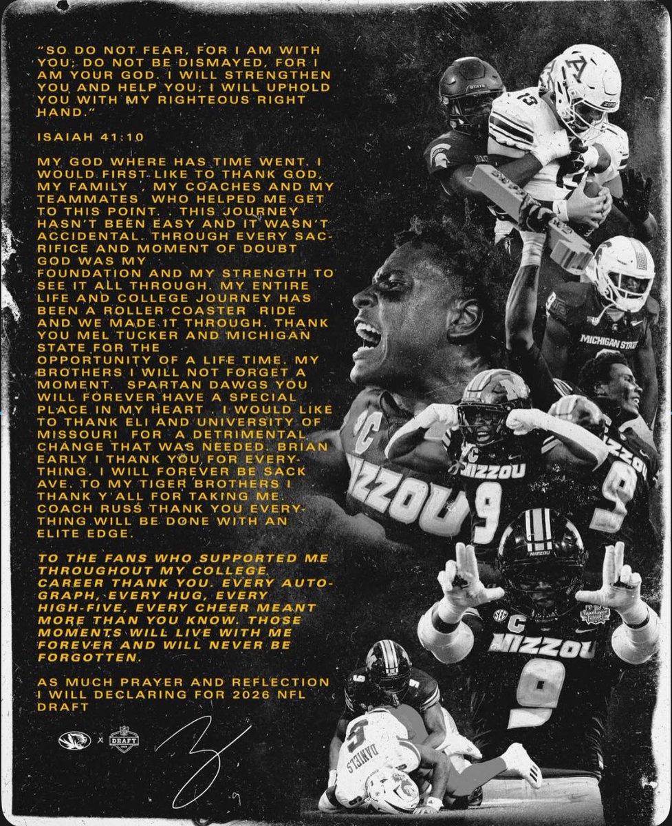 tigerkickoff's tweet photo. Zion Young is preparing to put the “L” in #NFL!

Young joins Josiah Trotter and Chris McClellan in declaring for the 2026 #NFLDraft via his Instagram

The #Mizzou defensive end had 6.5 sacks, two forced fumbles, and 42 total tackles in 2025

L’s Up! https://t.co/BlJkylIavc