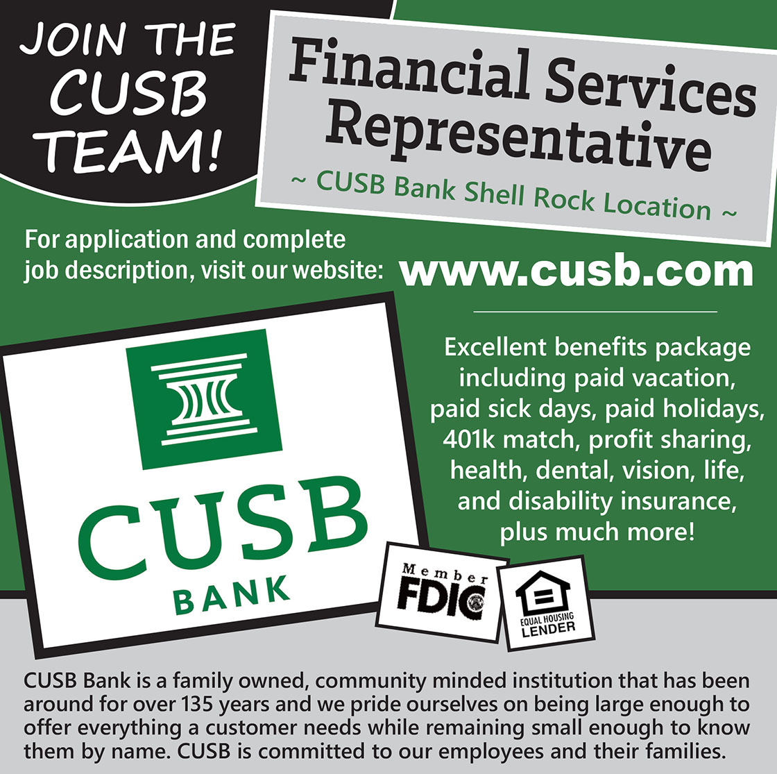 WE ARE GROWING! We’re looking for a Financial Services Representative at our Shell Rock location to join the CUSB Bank team. To learn more about this position: recruiting.paylocity.com/recruiting/job…