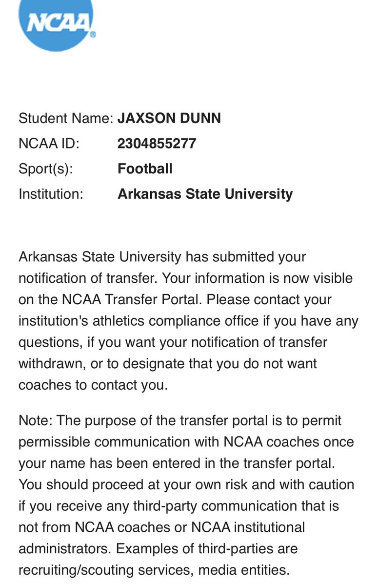 I am officially entering the transfer portal with 3 remaining years of eligibility. 

I want to thank Coach Butch Jones, Coach Dakota Tillman, and the entire staff at Arkansas State for everything that they have given me the past 2 seasons. I’m ecstatic for what’s to come!!