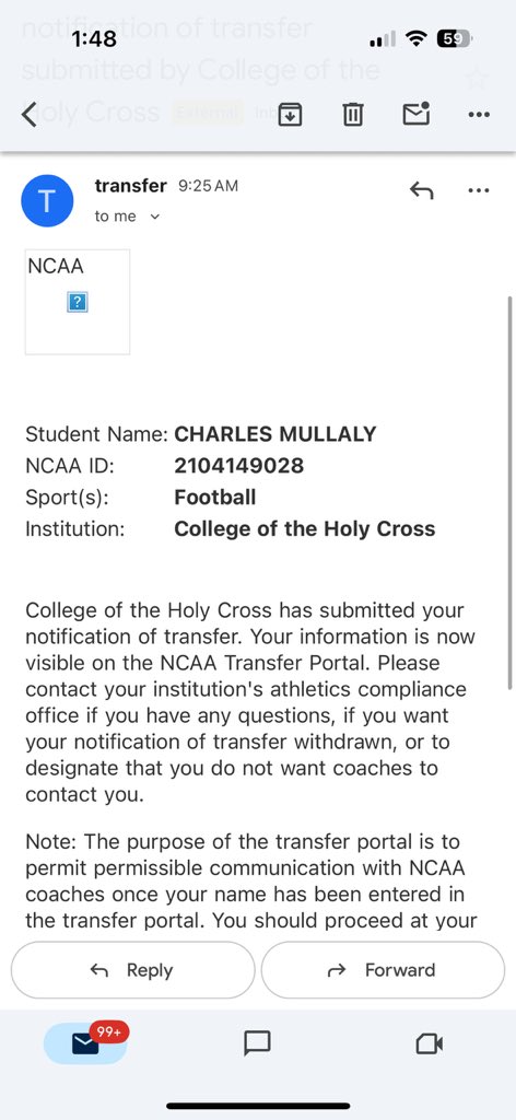 CharlyMullaly's tweet image. Holy Cross transfer WR. 6’1 200. Slot wr, can play anywhere.
8 starts: 24 catches, 333 yards, 2 tds. 14 ypc
Verified times:
21.1 mph in game 
22 mph 10 yard fly (laser)

2-3years of eligibility 

@skarlins88