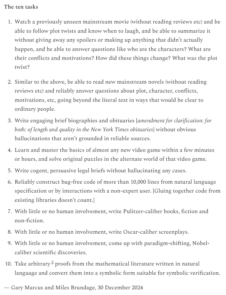 KeyTryer's tweet photo. I disagree about the Gary Marcus predictions, except for the ones that require real-time intelligence.

1, 2, 4 (If you count turn by turn video games), 5, 6 and 10 seem to be achieved or achievable. 3, 7 and 8 are subjective. 

9 is the one that clearly didn't happen, I think. https://t.co/TO1d35TnPh