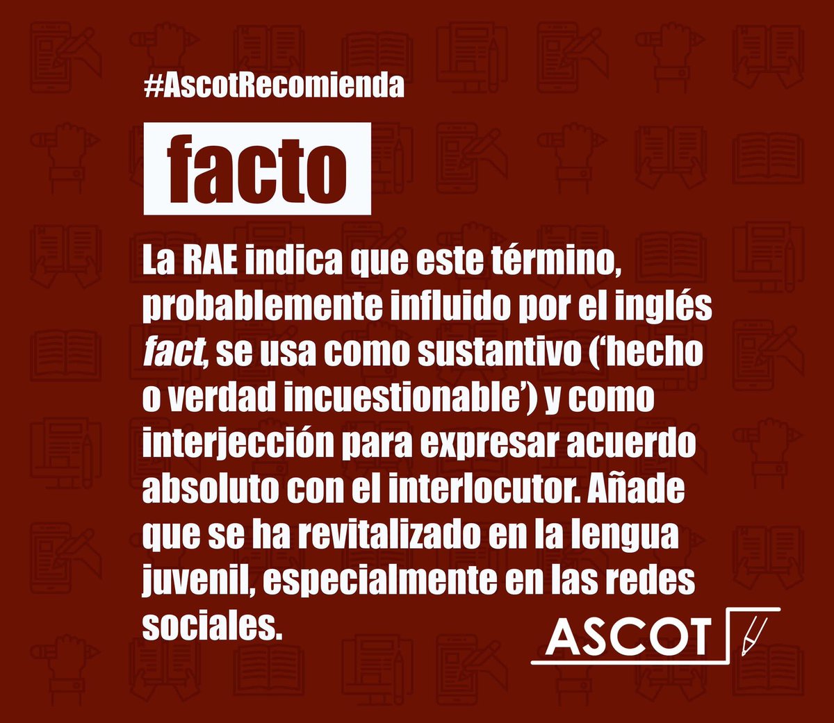 🔠 Vía <a href="/AscotPeruOf/">Ascot Perú</a>: La RAE también señala que, como sustantivo, existen en español equivalentes como «hecho probado, demostrado, constatado, irrefutable, incuestionable», etc. Como interjección, equivale a «efectivamente», «indudablemente» o «¡eso es!». 
#AscotRecomienda #Facto
