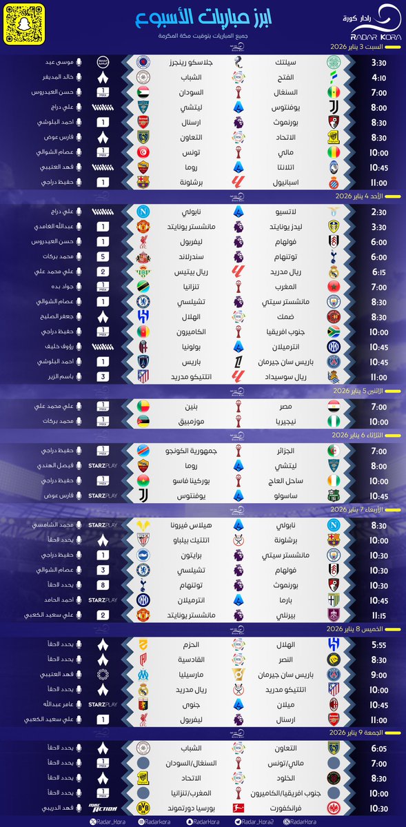 ⚽️ || ابرز مباريات الأسبوع 🔥
 
- سيلتك x رينجرز 🏴󠁧󠁢󠁳󠁣󠁴󠁿
- كأس امم افريقيا 🏆
- اسبانيول x برشلونة 🇪🇸
- مانشستر سيتي x تشيلسي 🏴󠁧󠁢󠁥󠁮󠁧󠁿
- كأس السوبر الاسباني 🇪🇸
- باريس سان جيرمان x مارسيليا 🇫🇷
- ارسنال x ليفربول 🏴󠁧󠁢󠁥󠁮󠁧󠁿

- المباريات بتوقيت 🕋

- مشاهدة ممتعة للجميع 🌹