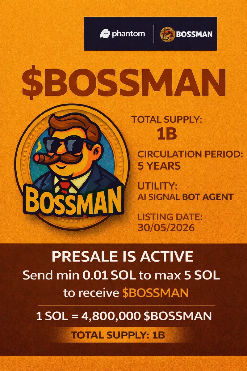 HAPPY NEW YEAR 

GIVEAWAY 30,000  $BOSSMAN from BOSSMAN COIN each will receive 350 $USDT for 2000 fastest people ⏰ 

- Follow + RT 
- Join the Telegram t.me/bossmandao
- Comments $SOL address 

Check pin post for presale details