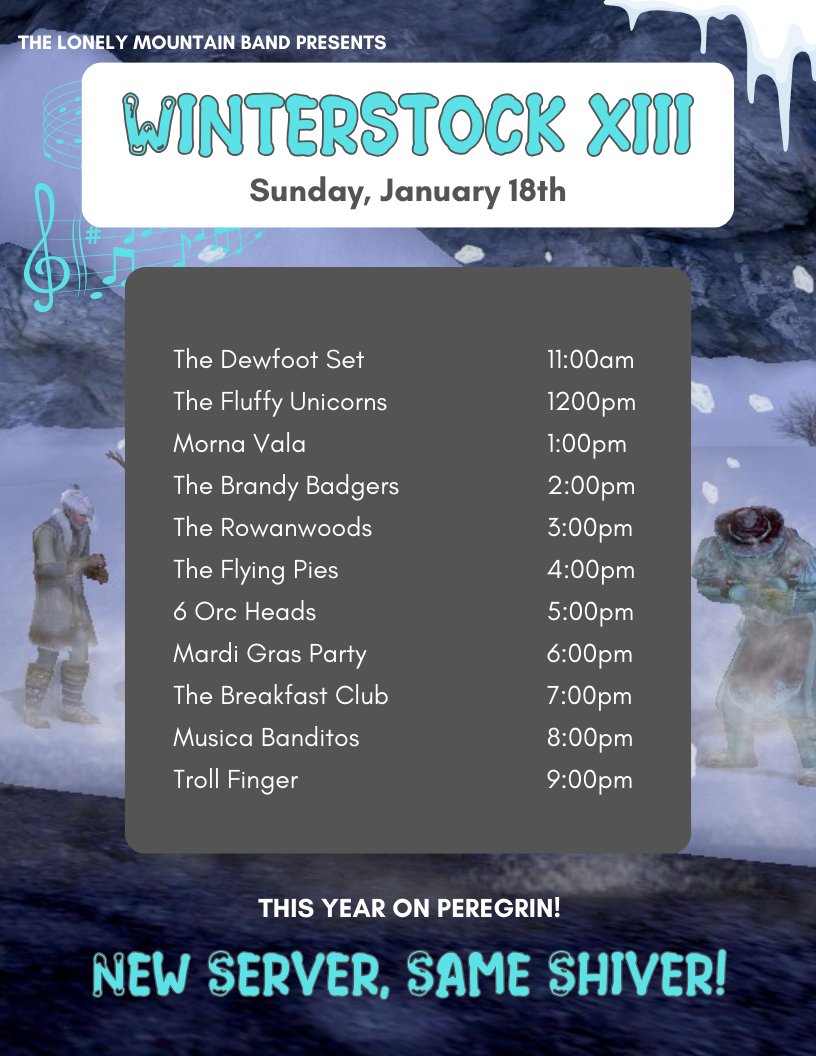 PeregrinEvents's tweet photo. The Lonely Mountain Band Presents: Winterstock XIII Jannuary 16th-19th on Peregrin! Full schedule here. #LOTRO #LOTROMusic #LOTROFamily https://t.co/SQoRwLpXbV