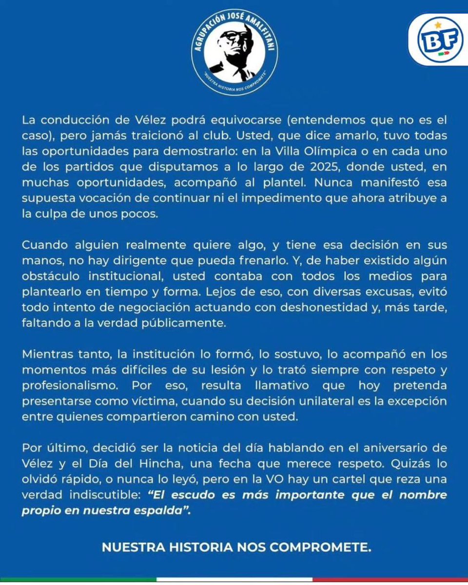 👀 “Quizás lo olvido rápido o nunca lo leyó, pero en la VO hay un cartel que reza una verdad indiscutible” 

💣 El CRUDO mensaje de la Agrupación Amalfitani tras los dichos de Thiago Fernández por su salida de #Velez.