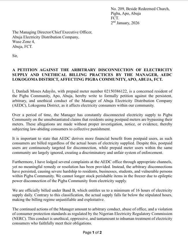 AdayiloMoses's tweet photo. @aedcelectricity 
I, Danladi Moses Adayilo, with prepaid meter no. 02150386122, of Pigba Community, Apo, Abuja, hereby present the attached petition against the Manager of AEDC, Lokogoma District, Abuja.

Pls, kindly treat this with urgent attention.

Thank you. https://t.co/Fdf4xxkoyM