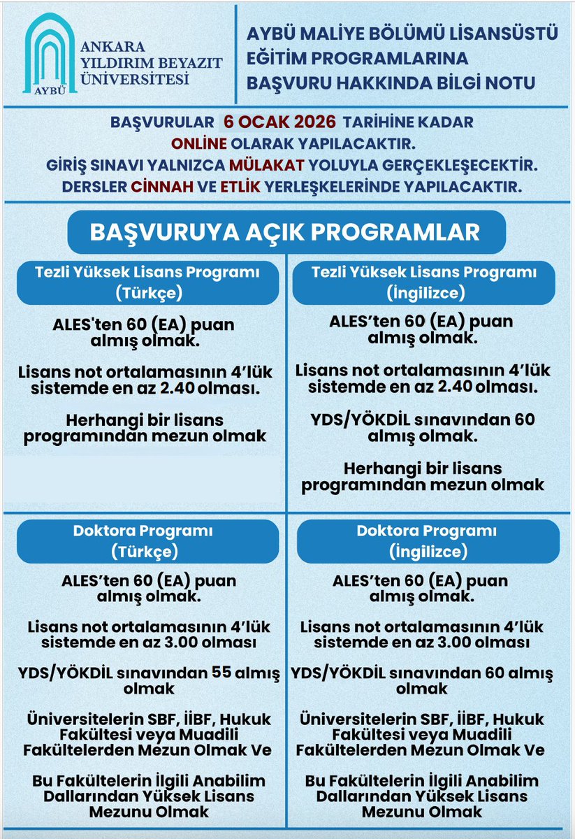 Bölümümüz lisansüstü programlarına 2025–2026 eğitim-öğretim yılı bahar yarıyılında öğrenci kabul edilecektir. Programa başvurmak isteyen adaylar ilgili takvim doğrultusunda başvuru yapabilir.