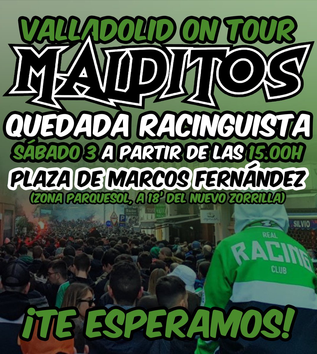 ¡¡Buenas noches Malditos!!

Os recordamos que mañana tenemos quedada racinguista en Valladolid para hacer la primera previa del año.

📍Plaza de Marcos Fernández (zona Parquesol)
🕒15:00h

¡Os esperamos a todos!