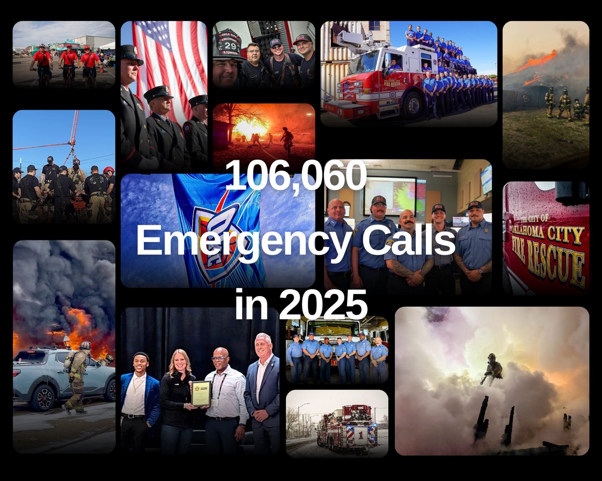 OKCFD's tweet photo. 🚒 OKCFD 2025 Update 🚒
In 2025, OKCFD responded to 106,060 emergency calls across Oklahoma City.

Day and night, our firefighters, paramedics, dispatchers, and support staff showed up for this community. Thank you for the trust and support.

Every call. Every day.
#OKCFD https://t.co/4RVcjdKm0f