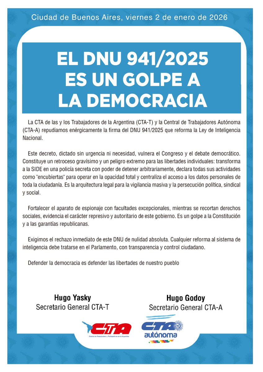 El DNU 941/2025 es un golpe a la democracia.

Las CTA repudiamos este decreto que reforma la Ley de Inteligencia Nacional.