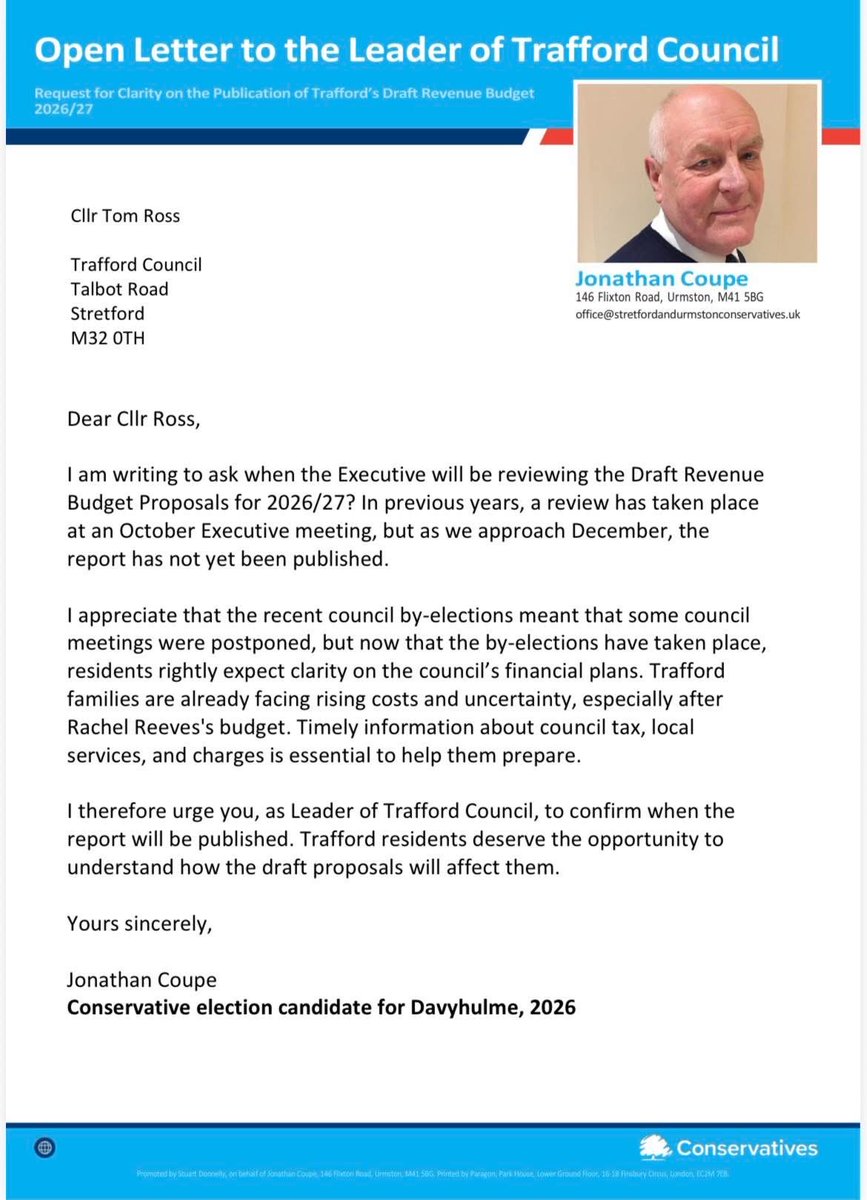 33 days since I wrote to <a href="/TomWRoss/">Cllr Tom Ross</a> asking when <a href="/TraffordCouncil/">Trafford Council</a> will publish its Draft Budget 2026/27. No reply. No draft. No timetable. Other GM councils are consulting residents. Trafford Labour Council isn’t. What are they hiding? #trafford