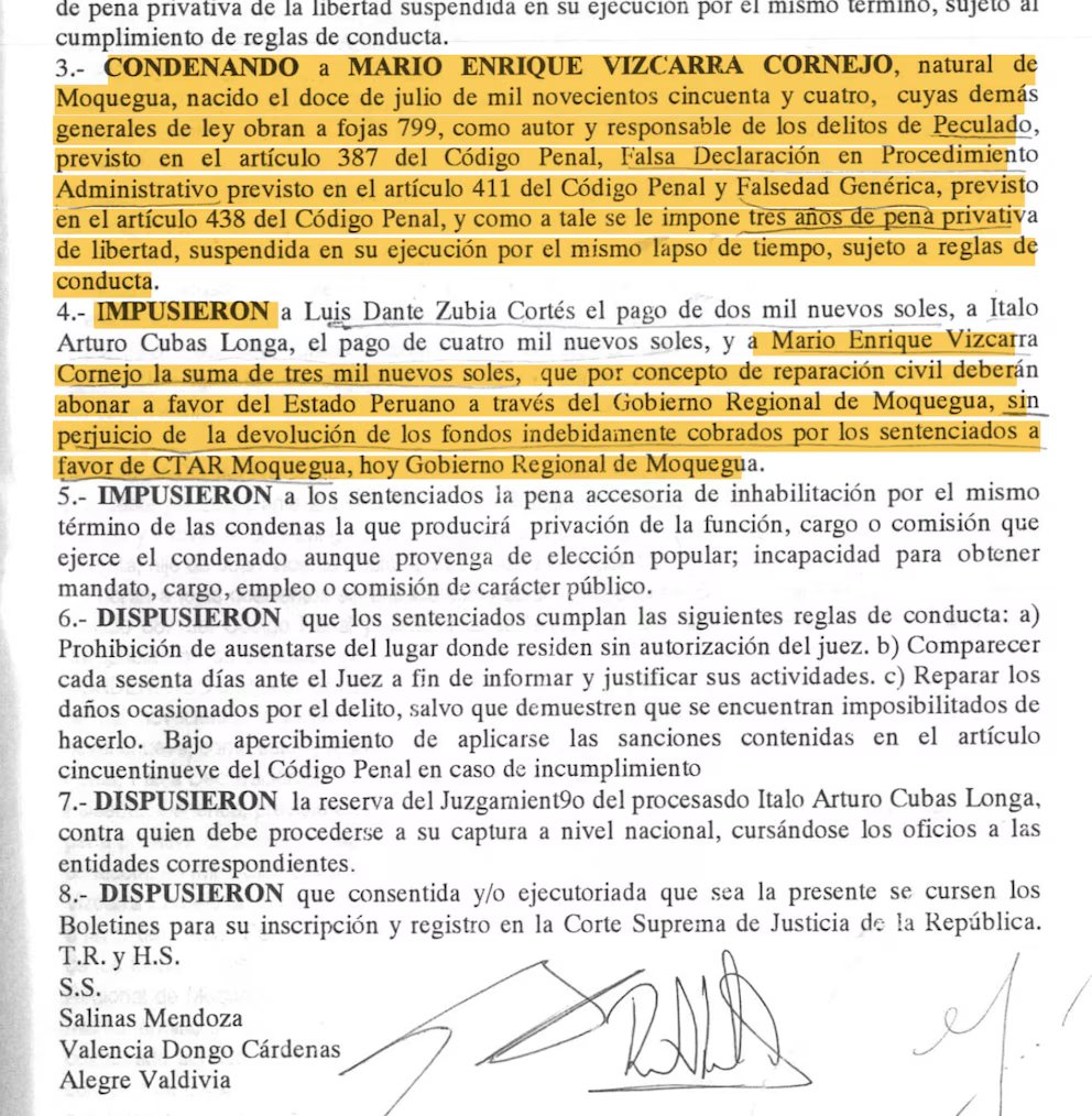 Obtuvimos la sentencia que condena a Mario Vizcarra a 3 años de prisión suspendida por corrupción, y la ponemos a libre disposición. La encuentran en el siguiente enlace es.scribd.com/document/97516…