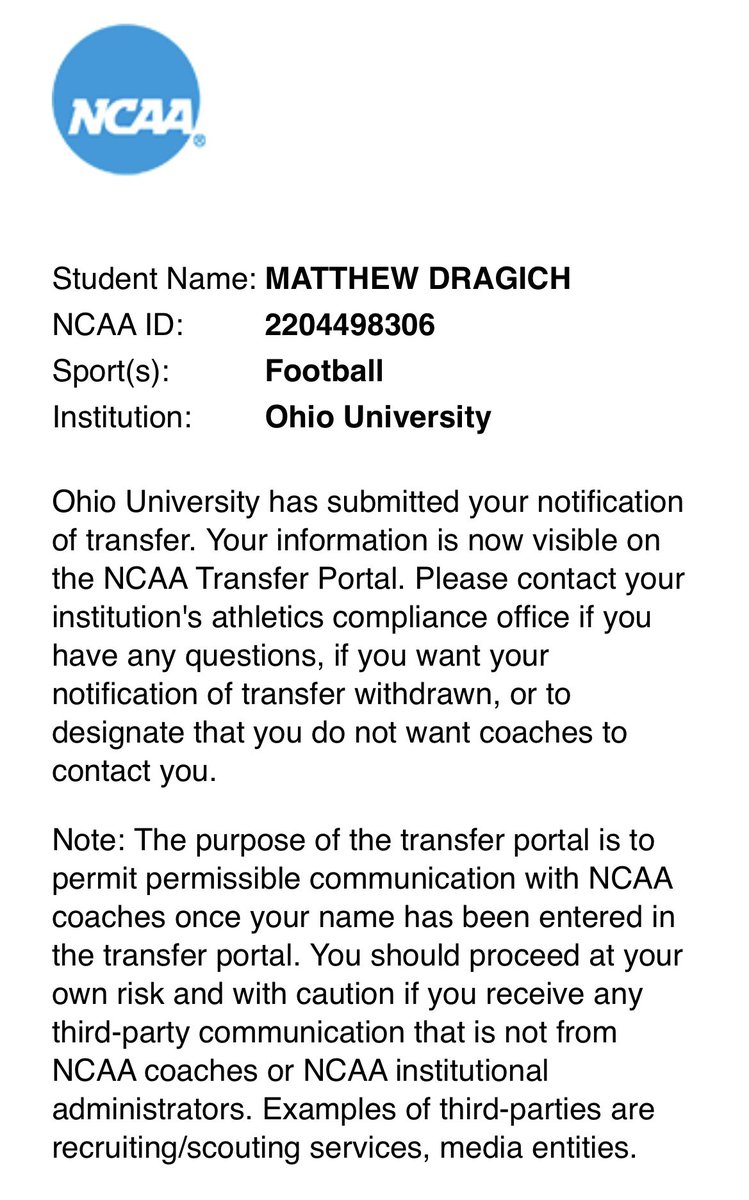 DragichMatthew's tweet image. Officially in the Transfer Portal !!
Ohio University
2 for 2
3.95 GPA
6’0” 200 lbs
Juco and Ohio film:
@Mcoop_Coach @PitLifeCoachP
@CoachTThom @LBCCFB_VGOH @LTizle
@247SportsPortal