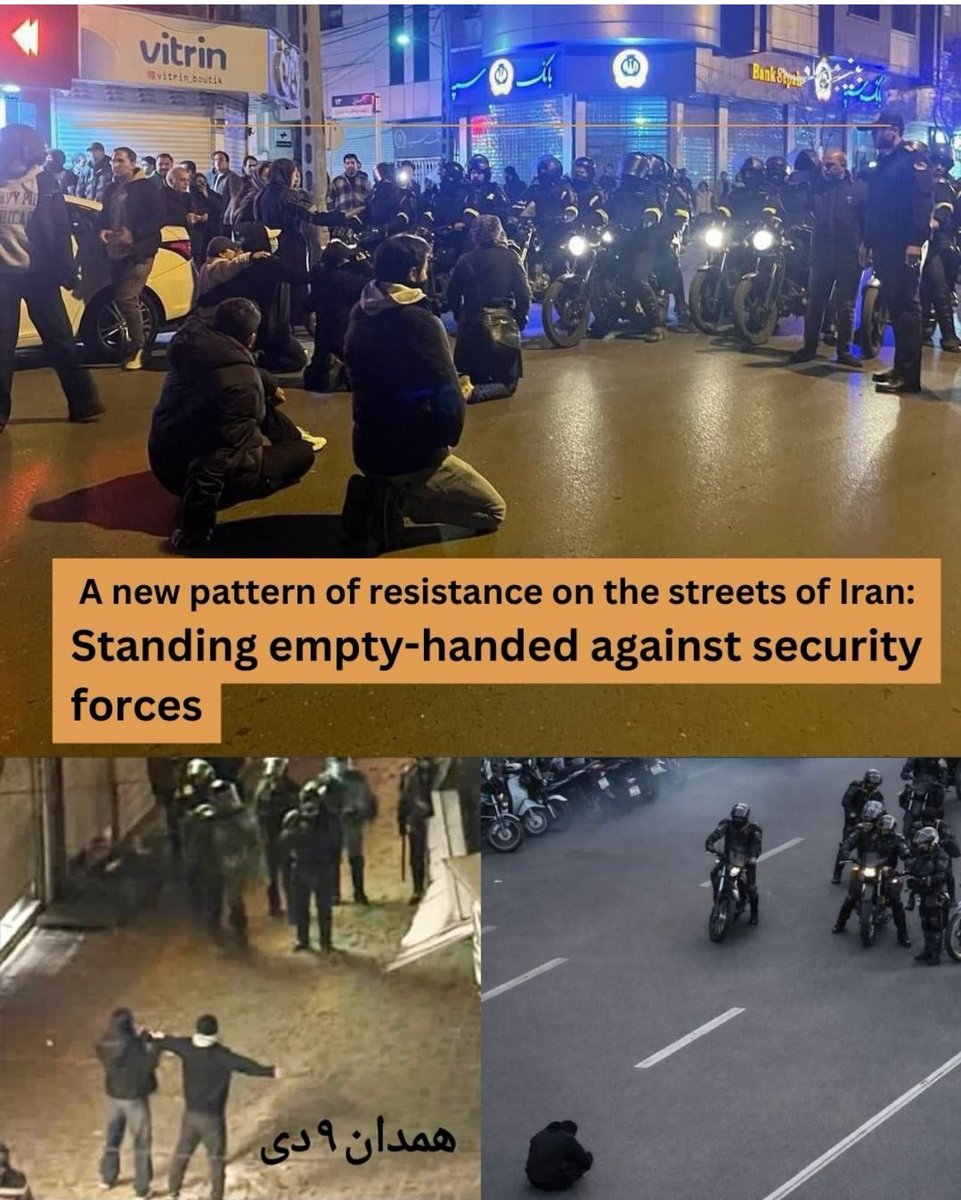 So sieht ziviler Ungehorsam und Widerstand aus. Sie sitzen unbewaffnet mit leeren Händen den Schergen der islamischen Republik gegenüber. Den mutigen Menschen aus den Iran, die gerade ihre Leben riskieren für #fraulebenfreiheit muss unsere Solidarität gelten und nicht dem Mörder