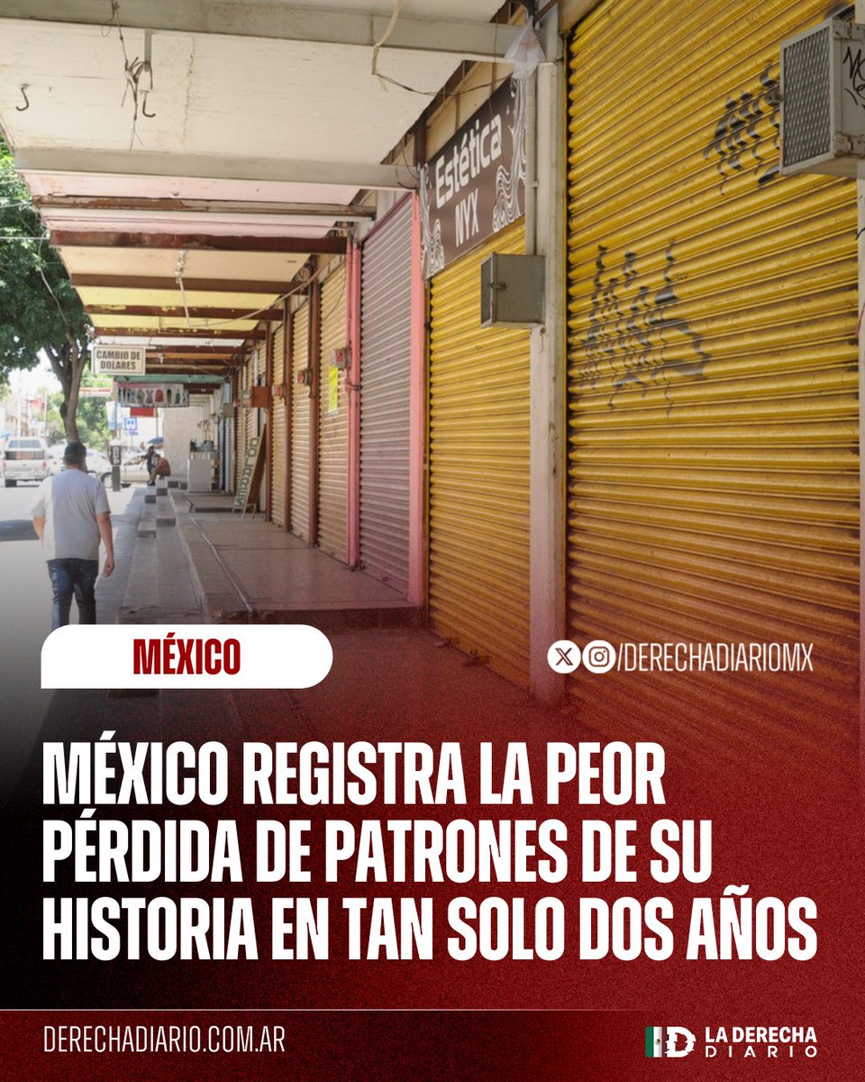🚨🇲🇽 | SE CIERRAN LOS NEGOCIOS: En tan solo dos años se registró la pérdida de más de 41 mil 700 patrones de acuerdo con cifras del IMSS, superando la pandemia y cualquier crisis anterior en México, debido principalmente al pobre desempeño de la economía y las políticas públicas