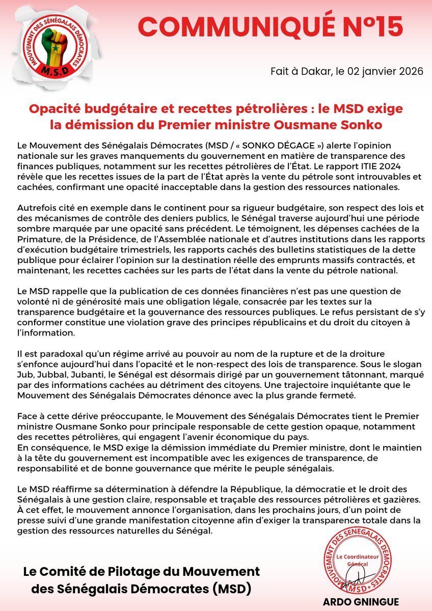 MSD_Officielle's tweet photo. Le Mouvement des Sénégalais Démocrates (MSD / « SONKO DÉGAGE ») alerte l’opinion nationale sur les graves manquements du gouvernement en matière de transparence des finances publiques, notamment sur les recettes pétrolières de l’État. (Lire Communiqué👇) https://t.co/it0wEd46lQ