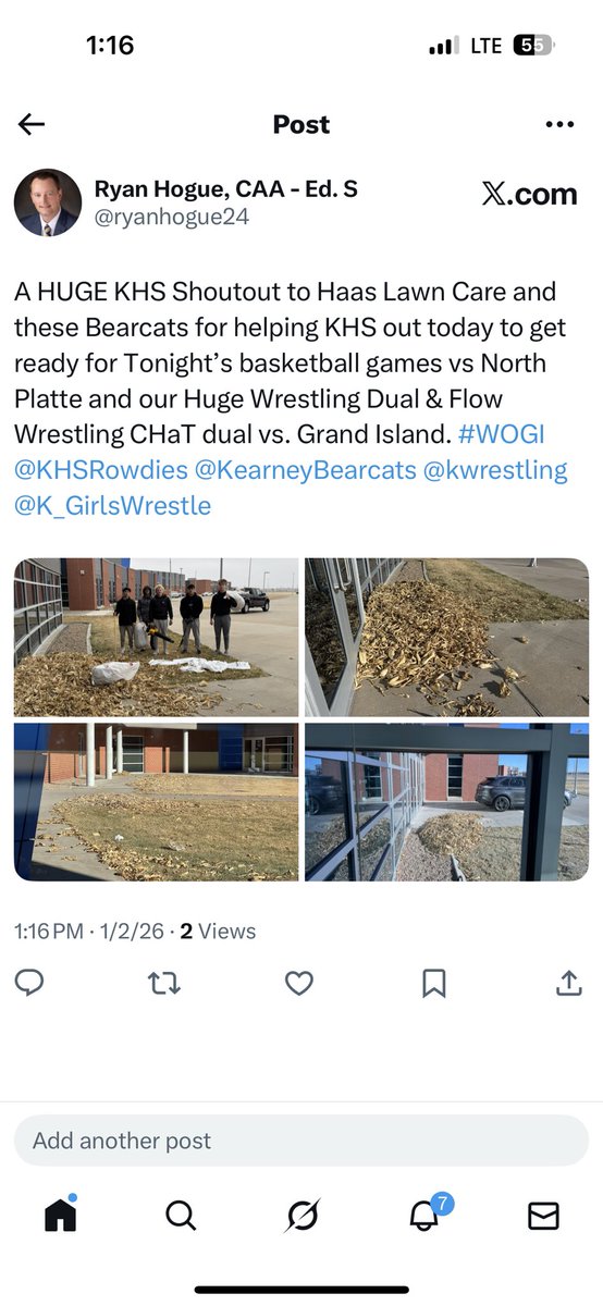 ryanhogue24's tweet photo. A HUGE KHS Shoutout to Hass Lawn Care and these Bearcats for helping KHS out today to get ready for Tonight’s basketball games vs North Platte and our Huge Wrestling Dual & Flow Wrestling CHaT dual vs. Grand Island. #WOGI @KHSRowdies @KearneyBearcats @kwrestling @K_GirlsWrestle https://t.co/AEB1Ftm07V