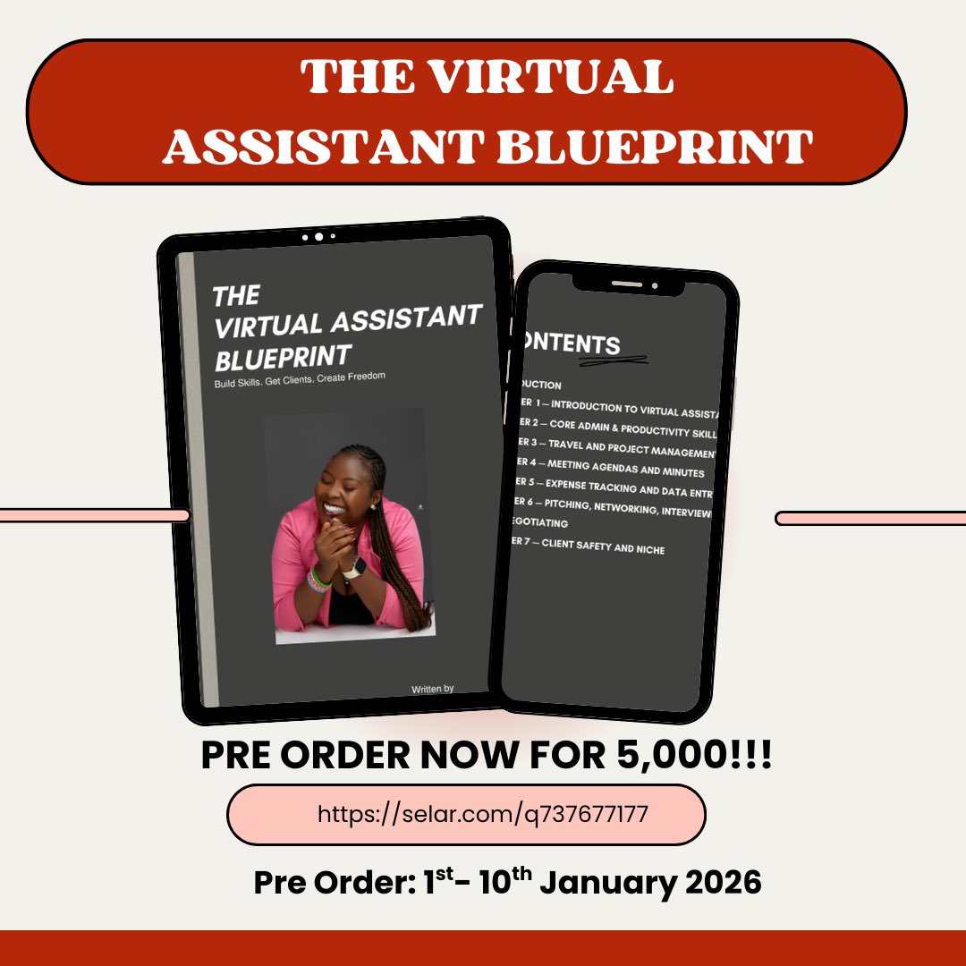 tunmishe_a's tweet photo. This book was written from experience, not guesses.

If you’re ready to start your Virtual Assistant journey with clarity and confidence, this book was written for you. 

Get your copy for ₦5,000 (instead of ₦7,000).

Click the link below 
https://t.co/j3p5LNiDEc https://t.co/0iwJHdhMJD