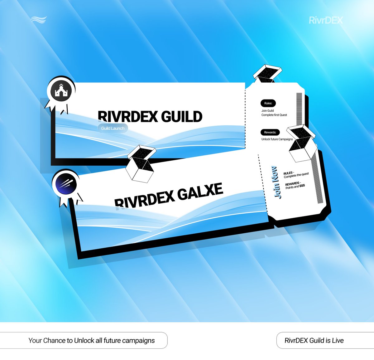 Rivr_DEX's tweet image. We’re excited to announce the launch of RivrDEX Guild

Along with the Guild launch, we’re kicking off our first community quest - and the reward will be a special role.

RivrX is the key role that will give you access to all future campaigns we’ll be running.

This is the first…