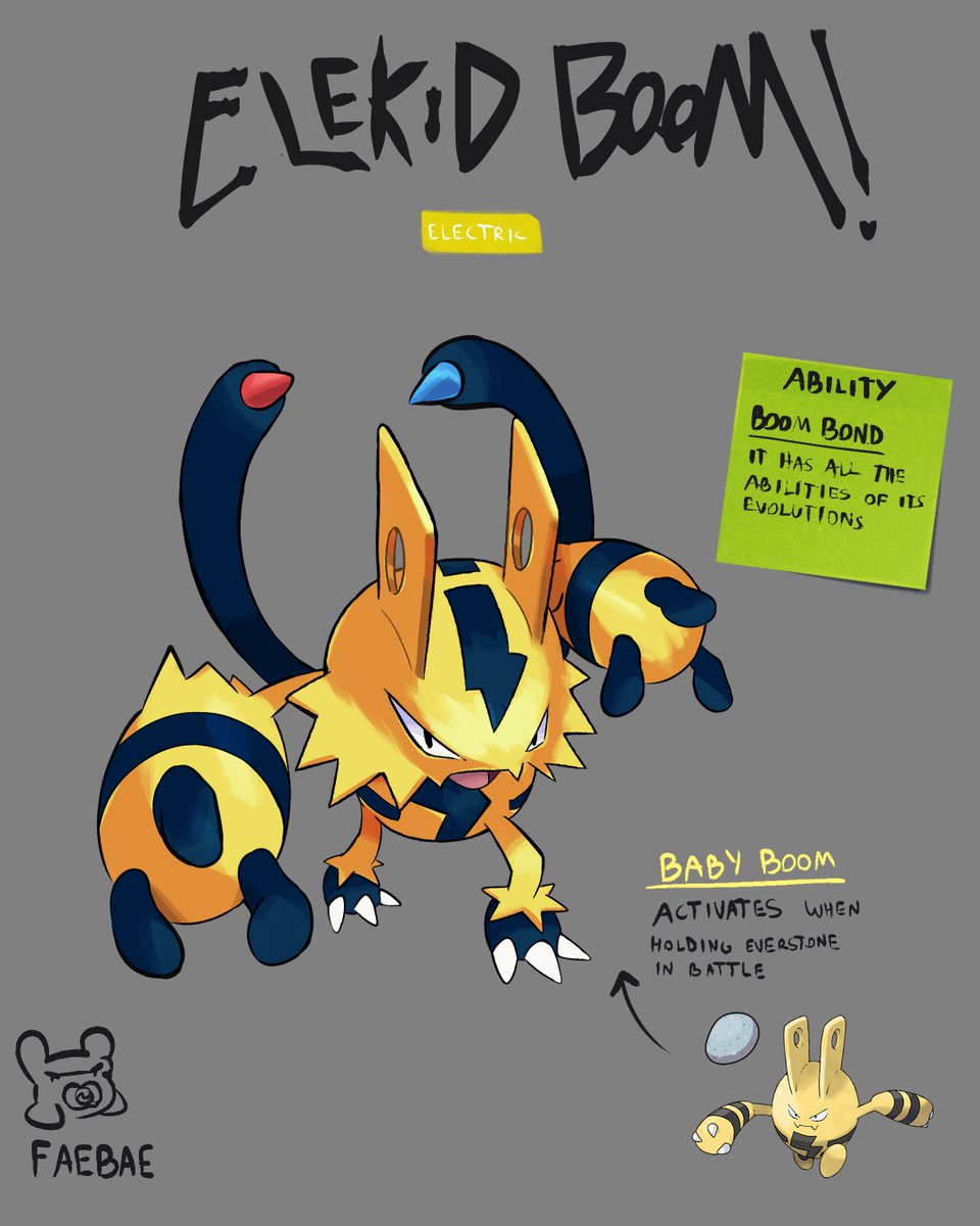 baefakemon's tweet image. More baby boom, the megas for babies

Elekid Boom gets electivire and electabuzz details, with a menacing pose :0 everstone will make elekid evolutions to get together inside it, making it have 540 base stats like electivire

if u wanna adopt this design, DM me or check my kofi!