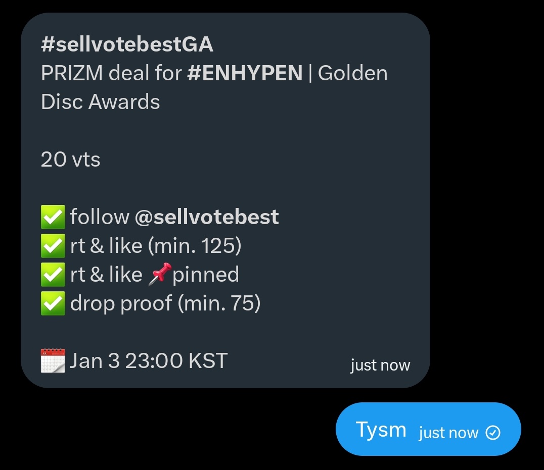 #sellvotebestGA
PRIZM deal for #ENHYPEN | Golden Disc Awards

20 vts

✅ follow <a href="/sellvotebest/">sellvotebest</a>  
✅ rt &amp; like (min. 125)
✅ rt &amp; like 📌pinned
✅ drop proof (min. 75)

🗓️ Jan 3 23:00 KST