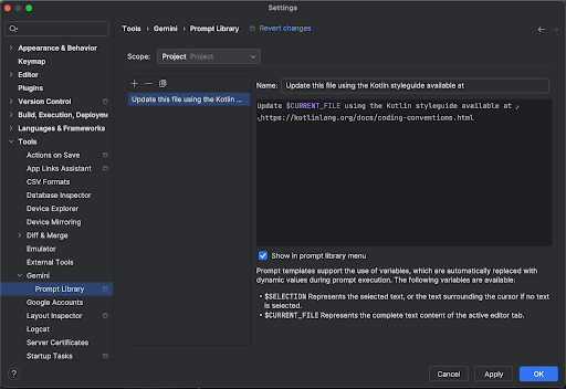 AndroidStudio's tweet photo. Standardize your team's AI workflows with the Prompt Library in Gemini in Android Studio for businesses → https://t.co/p6RO9E2UN0

Save, share, and reuse complex prompts via version control to automate repetitive tasks. https://t.co/hp8170IRcc