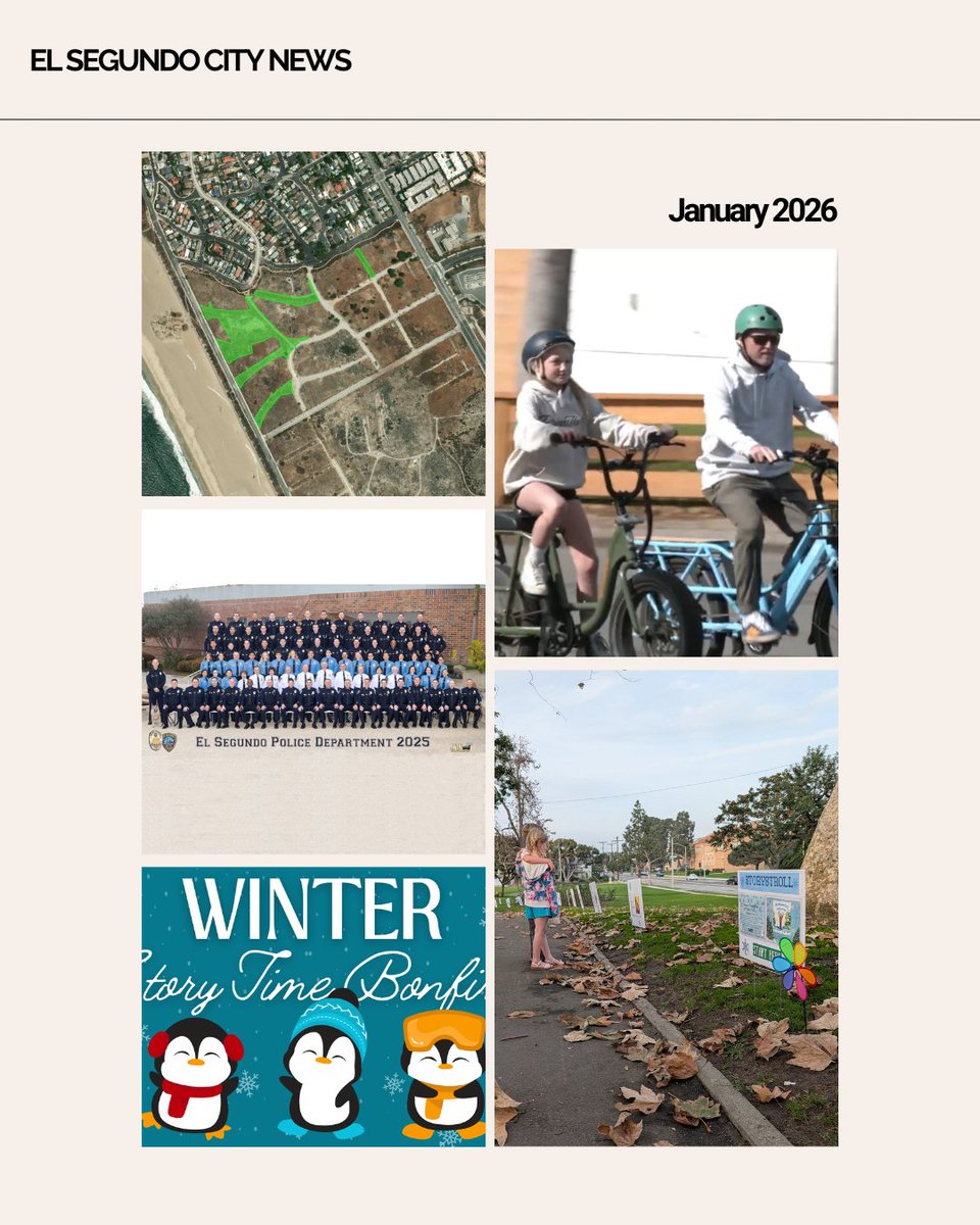 elsegundocity's tweet image. January's City Newsletter has all of El Segundo's happenings: the new E-bike ordinance, the Snowflake Story Stroll, Winter Story Time Bonfire, habitat restoration at LAX Dunes, and more!

content.govdelivery.com/accounts/CAELS…

#elsegundo