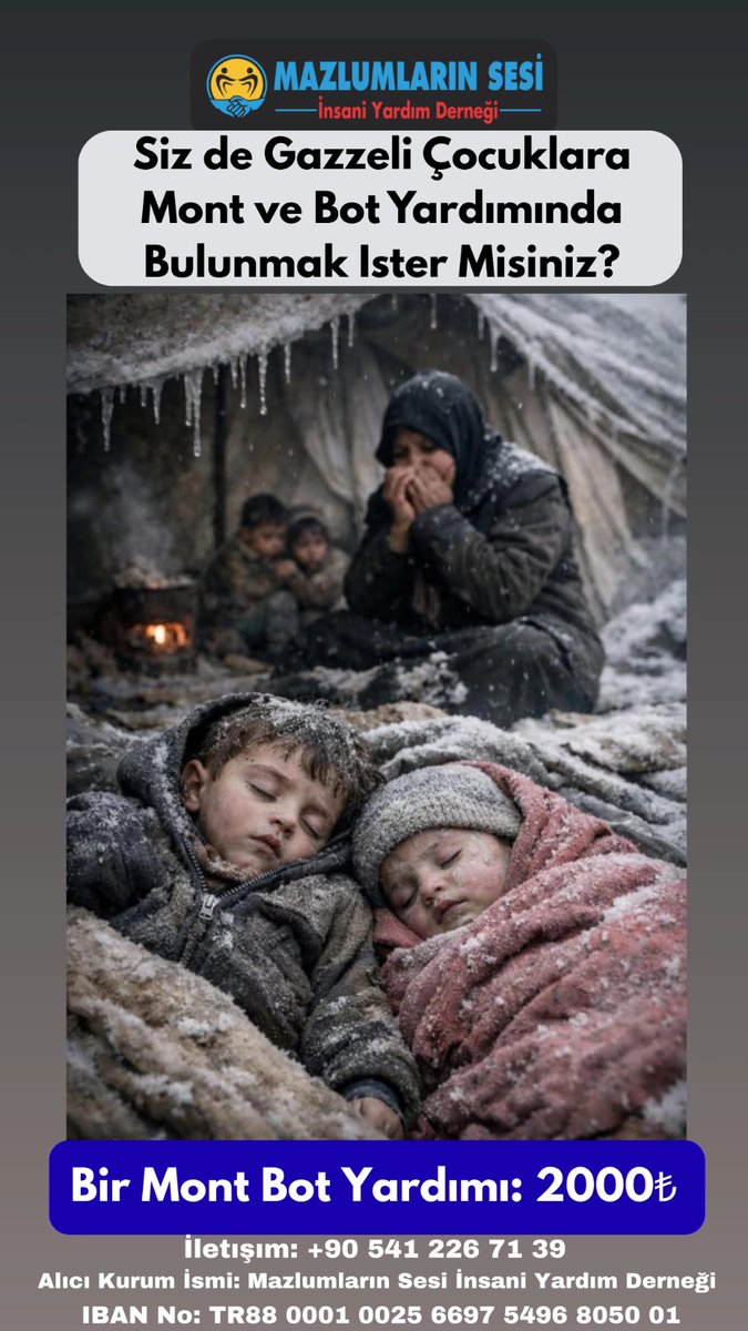 🇹🇷 GAZZE İÇİN ACİL YARDIM 🇵🇸

Herkesin malumu olduğu üzere Gazze’de kış şartları çok ağır geçiyor. En çok da çocuklar bu zorlu şartlardan etkileniyor.
Bir ay içerisinde iki kez mont dağıtımı gerçekleştirdik. Allah’ın izniyle, yeniden çocuklar için mont ve bot dağıtımı yapmayı