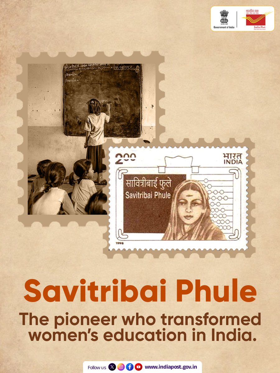On her birth anniversary, we remember Savitribai Phule, whose courage and conviction opened classrooms for generations of women.

India Post released a commemorative postage stamp in 1998, paying tribute to her legacy.

#IndiaPost #IndiaPostTributes #SavitriBaiPhule