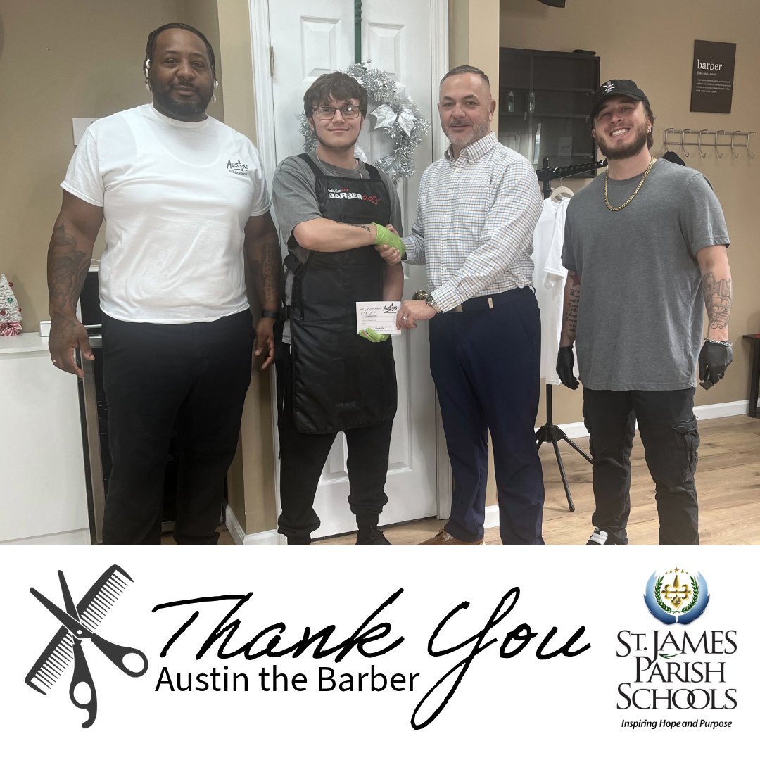 ✂️💙 Thank You, Austin the Barber!
The team at Austin's Barber Shop generously donated 20 haircut vouchers to St. James Parish Schools to support students in need. This thoughtful gesture helps ensure our students feel confident and ready to learn.

We are grateful for community