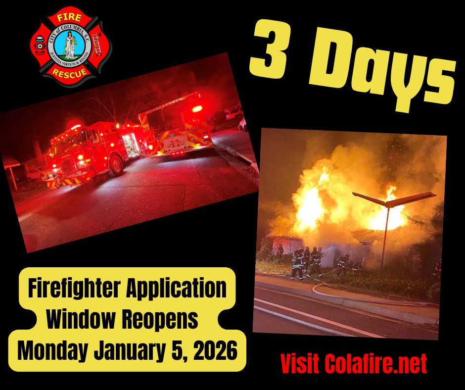 The Countdown Continues!!! ⏱️⏱️⏱️

Just 3 days until we resume taking online applications for open firefighter positions!

Start the new year off pursuing a GREAT career in the greatest profession there is! 🚒🚒🚒

Become a firefighter with <a href="/ColaFire/">Columbia-Richland Fire Department</a> !