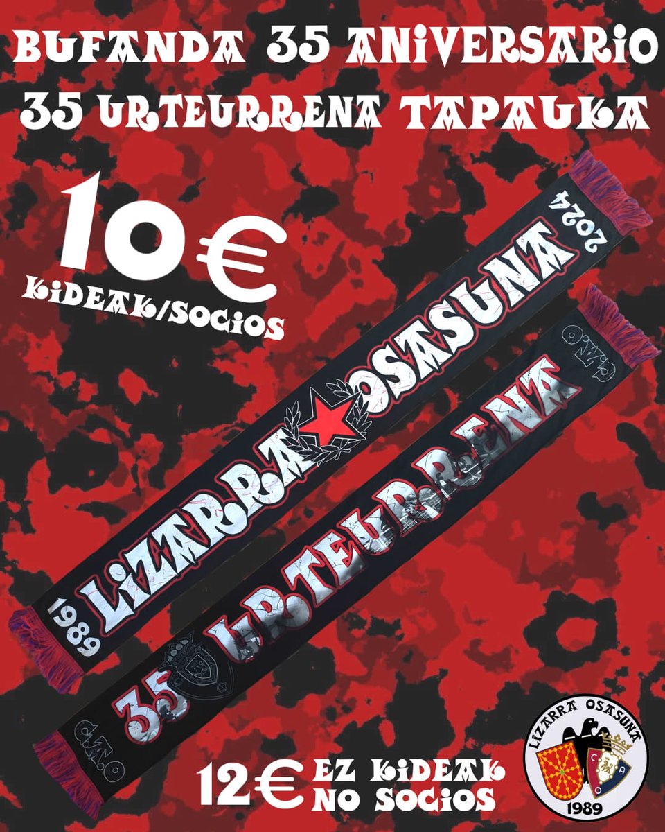 LizarraMaterial's tweet photo. BIHAR!
📍ZOLINA PLAZA
13:00 H 

-Pegatas
-Bufanda 30 aniv.
-Bufanda 35 aniv.
-Bufanda lana
-Txapas
-Pañuelo cuadros
-Pañuelo rojo

Último día para el pago en mano en el puesto, del material encargado (gorra, txaleko, sudadera) https://t.co/Am6p4roZov