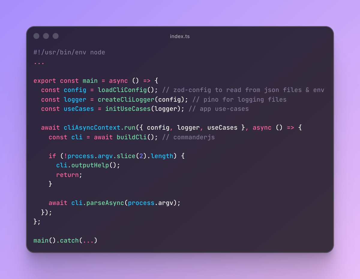 alexlmarques's tweet photo. Building a Node CLI driver adapter in a hexagonal architecture setup 🔌. AsyncLocalStorage is a game changer here 👉 it carries use cases and config throughout the app / CLI commands without having to pass them around manually 🔥
#NodeJS #TypeScript #CLI #HexagonalArchitecture https://t.co/Kt23pwQs01