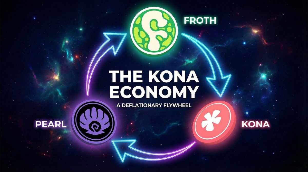 nullbnb's tweet photo. GMABS Chads ✳️🌊

@KonaDeFi recently introduced its governance token $PEARL. Lets dive into the Kona Economy👇

1/ Its governance token PEARL is minted by burning KONA (and earned Points), so every PEARL mint shrinks KONA supply. KONA itself is capped: 10,000 FROTH → 1 KONA (max ~100k KONA). 

FROTH is a memecoin on Flow EVM bridged to Abstract, with ~978M supply that only decreases via locking/burning.