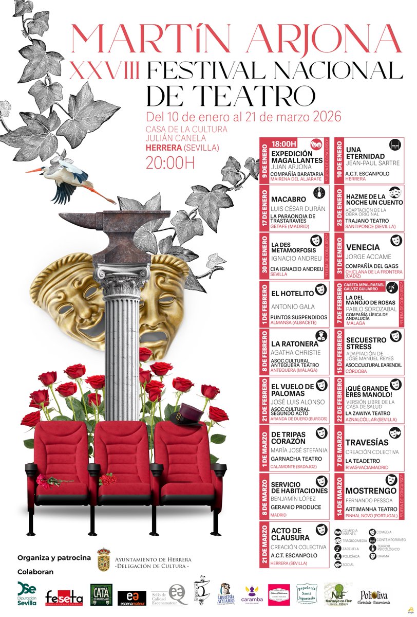 Feseta2's tweet photo. 🎭 XXVIII Festival Nacional de Teatro Martín Arjona 
Del 9 de enero al 21 de marzo de 2026  Casa de la Cultura Herrera (Sevilla)  20:00 h  Teatro, emoción y grandes compañías sobre el escenario. ¡No te lo pierdas!  #Teatro #FestivalDeTeatro https://t.co/nlwmYkLSUx
