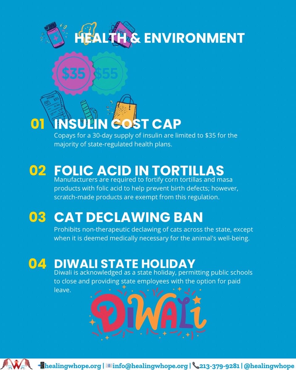 HealingwHope's tweet photo. More CA laws in 2026 focus on affordability &amp; education:
🏥 Insulin copays capped at $35; state insulin ~$55
🍔 Refunds required for undelivered food orders
🎓 Diwali recognized as a state holiday
🤖 New AI safety rules

Stay informed.
@BonezDRT 
Healing With Hope Corp

2/3 https://t.co/PwBerfeCav