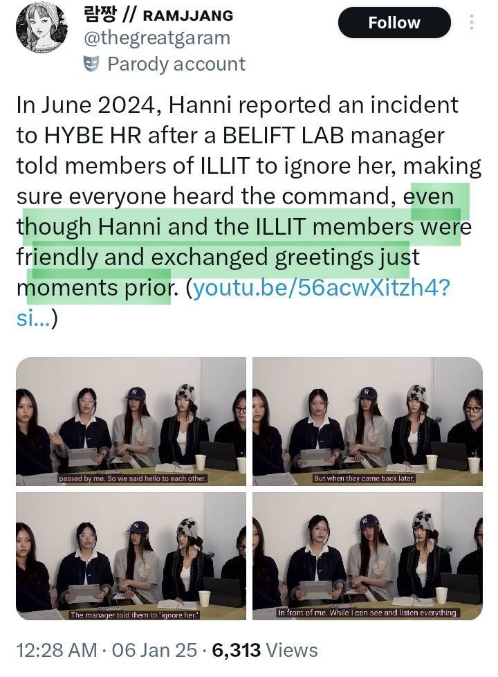 juantokki's tweet image. I just want to address this particular distortion being passed around by HYBEstans… They keep insisting that the “ignore her” incident was about bowing.

It wasn’t.

From the very beginning, the issue was a Belift Lab manager instructing their group to ignore Hanni. That’s it.…