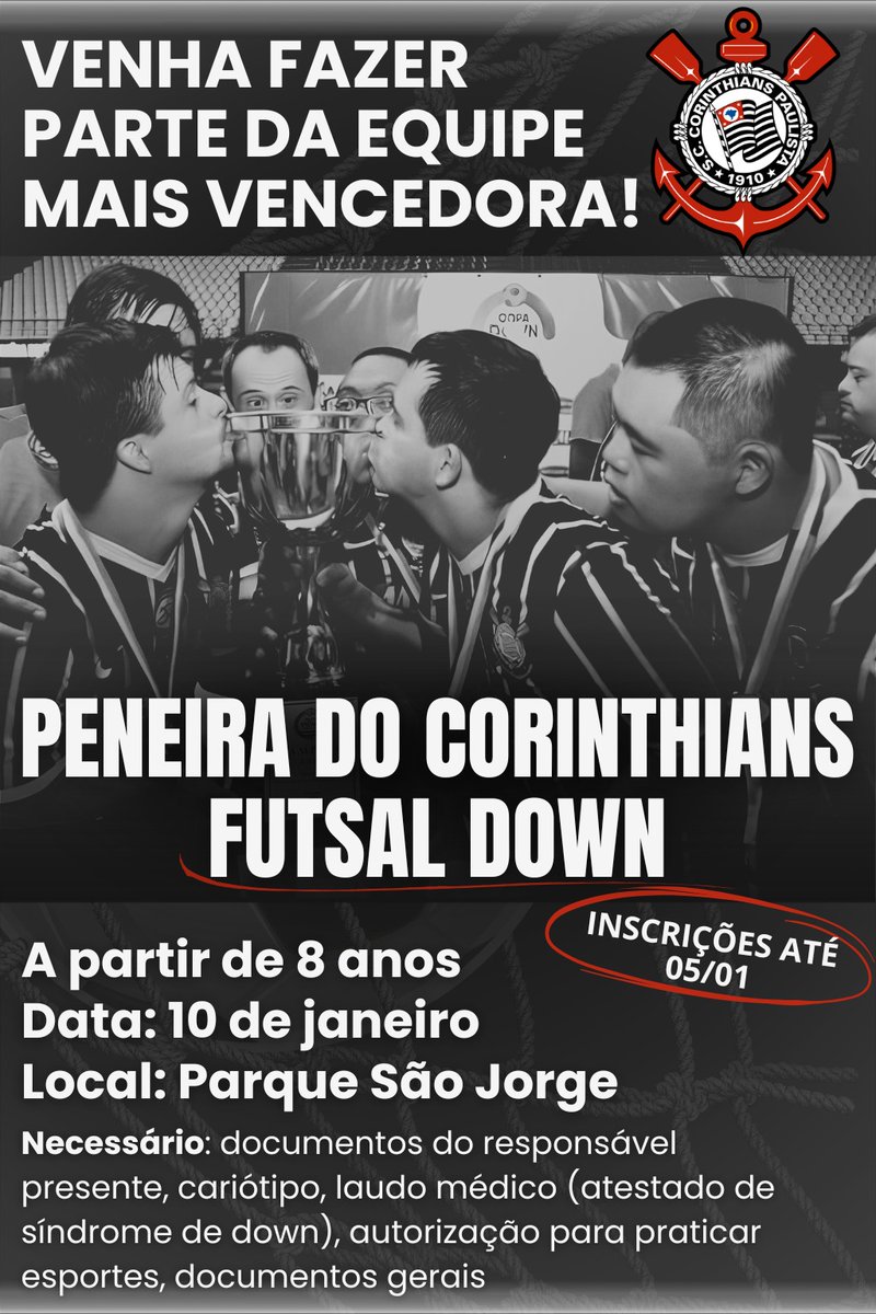 Pessoal, passando pra divulgar essa peneira que está rolando para o Futsal Down do Timão! 

Aqui está o formulário pra preenchimento 
docs.google.com/forms/d/e/1FAI…