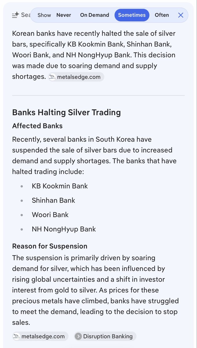 CPWSG's tweet image. Why one never should uses Google AI or other mainstream AI. When I ask them who the 4banks that shut down silver trading Google AI said it’s not true. Then I tried the same search on duck duck go for instance and my assumptions were correct. Buy while you can! They are hiding the…