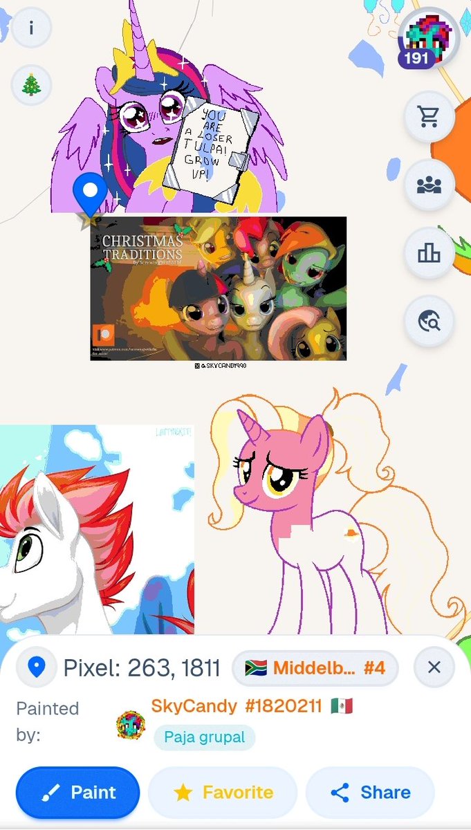 Hey! <a href="/ScrewingWithSFM/">Screw 🔞</a> 
I'm a big fan of yours, and I really love the Christmas Traditions animation. So I recreated the thumbnail in Wplace. (In Equestria, South Africa) I was hoping to finish it on Christmas Day but I miscalculated the time (and the pixels) Hope you like it! 😁