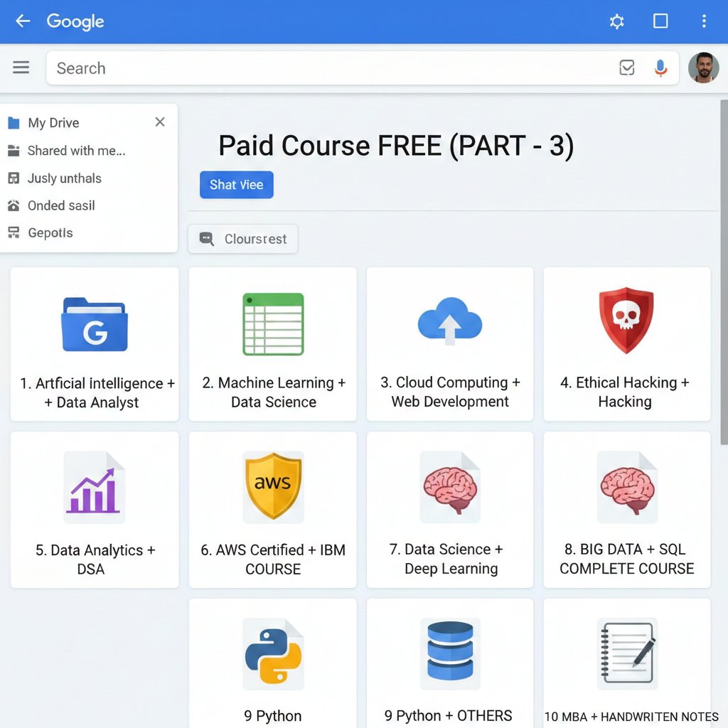 𝗣𝗮𝗶𝗱 𝗖𝗼𝘂𝗿𝘀𝗲 𝗙𝗥𝗘𝗘 (PART - 3)

1. Artificial Intelligence + Data Analyst
2. Machine Learning + Data Science
3. Cloud Computing + Web Development
4. Ethical Hacking + Hacking
5. Data Analytics + DSA
6. AWS Certified + IBM COURSE
7. Data Science + Deep Learning
8. BIG