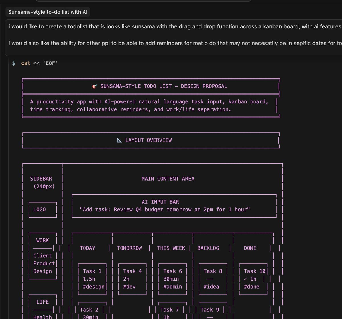 one underrated thing i’ve been doing w/ opus 4.5 in cursor: i ask it to sketch the first design as terminal charts. 
super fast way to see structure + flows before i touch real ui. feels like thinking in ascii rn.