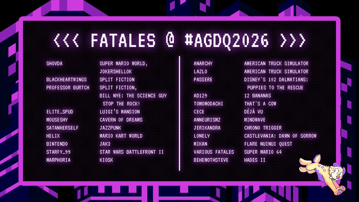 Gotta love seeing so many Fatales at #AGDQ2026!!! 💜💛

gamesdonequick.com/schedule