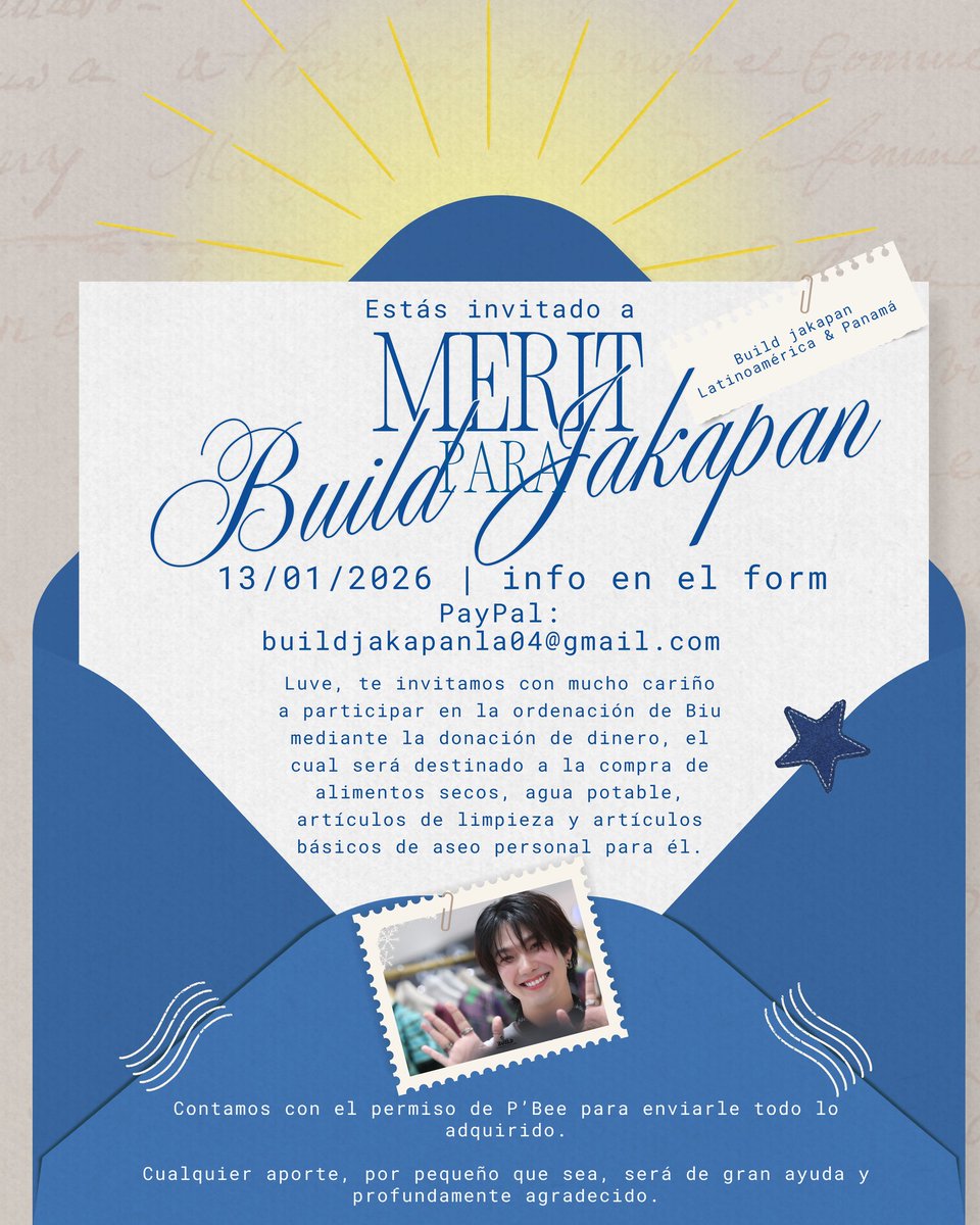 ⸺♡ Merit para Build Jakapan 

Luve, te invitamos con mucho cariño a participar en la ordenación de Biu mediante la donación de dinero, el cual será destinado a la compra de alimentos secos, agua potable, artículos de limpieza y artículos básicos de aseo personal para él.