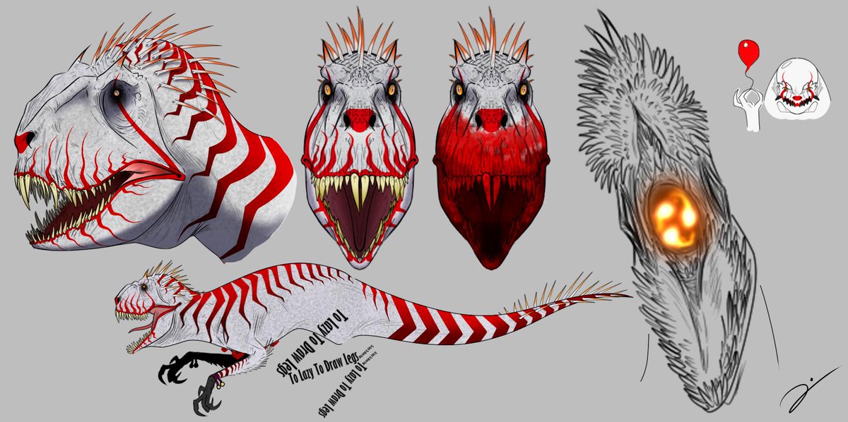 "Please allow me to introduce the one and only... E750!"

Had a lot of fun with this. I was originally going to add, like, torn Dilophosaurus frills to mimic the clown outfit frills but I didn't like em. Anyways, IT Scorpius Rex